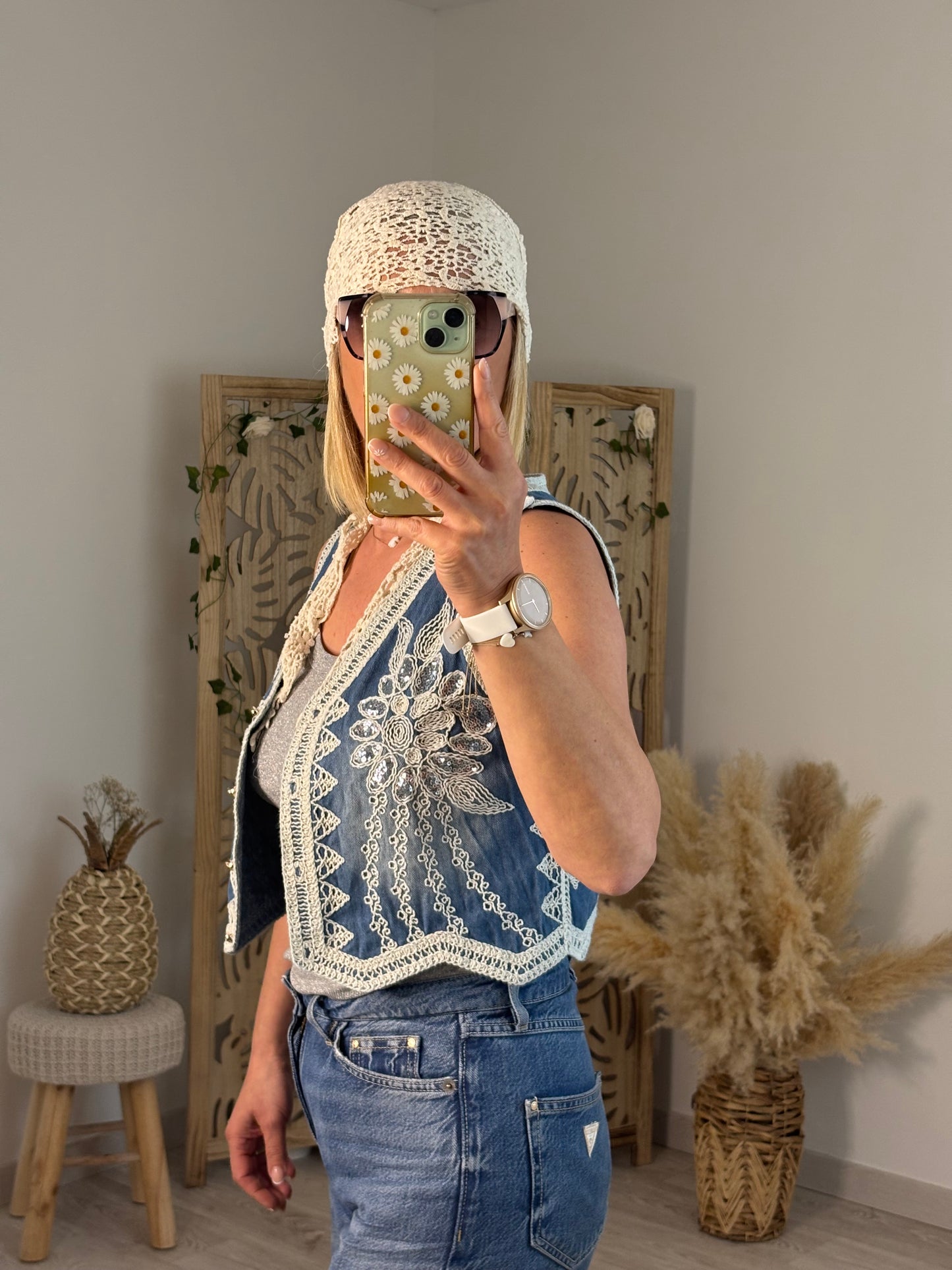 GILET S/MANCHES JEANS BRODERIE