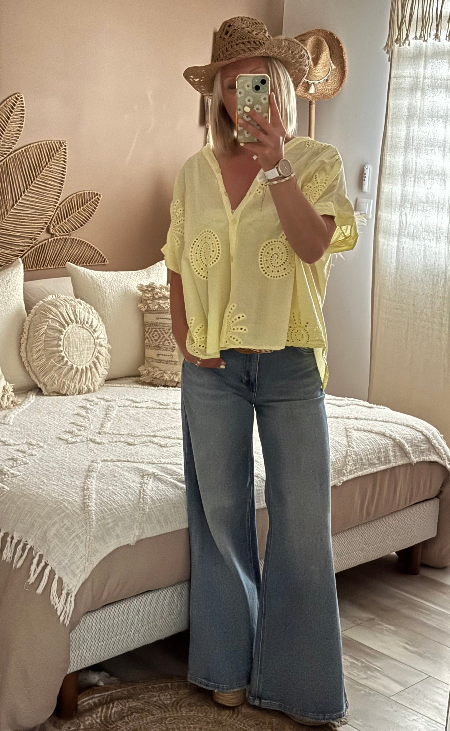 CHEMISE OVERSIZE BRODEE JAUNE