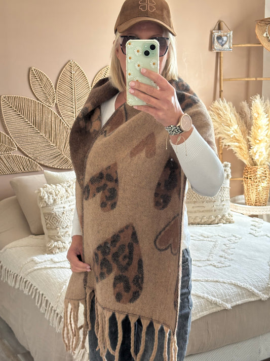 ECHARPE COEUR A FRANGES BEIGE