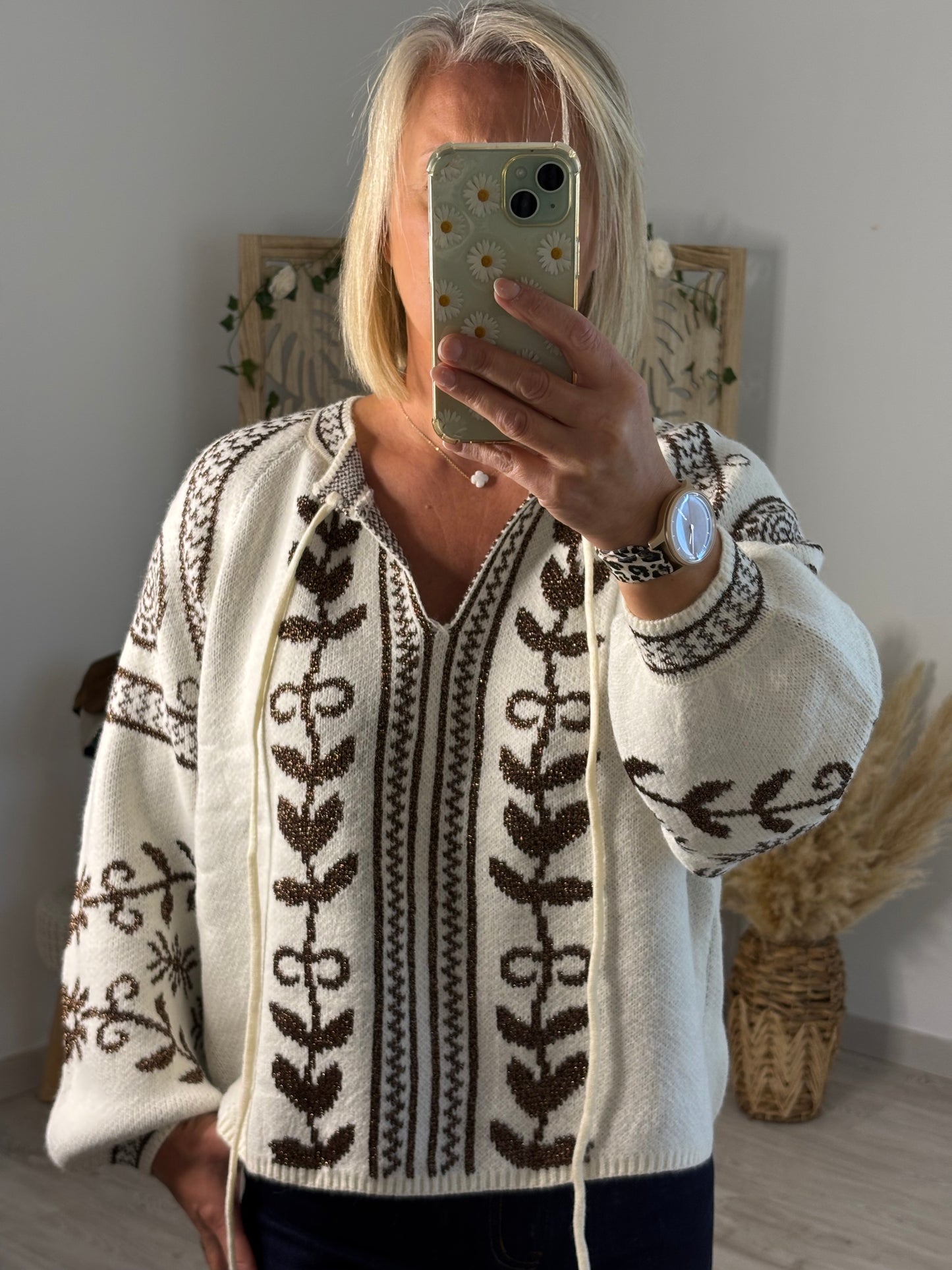 PULL BRODE LACET BEIGE