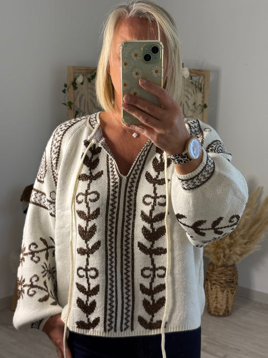 PULL BRODE LACET BEIGE