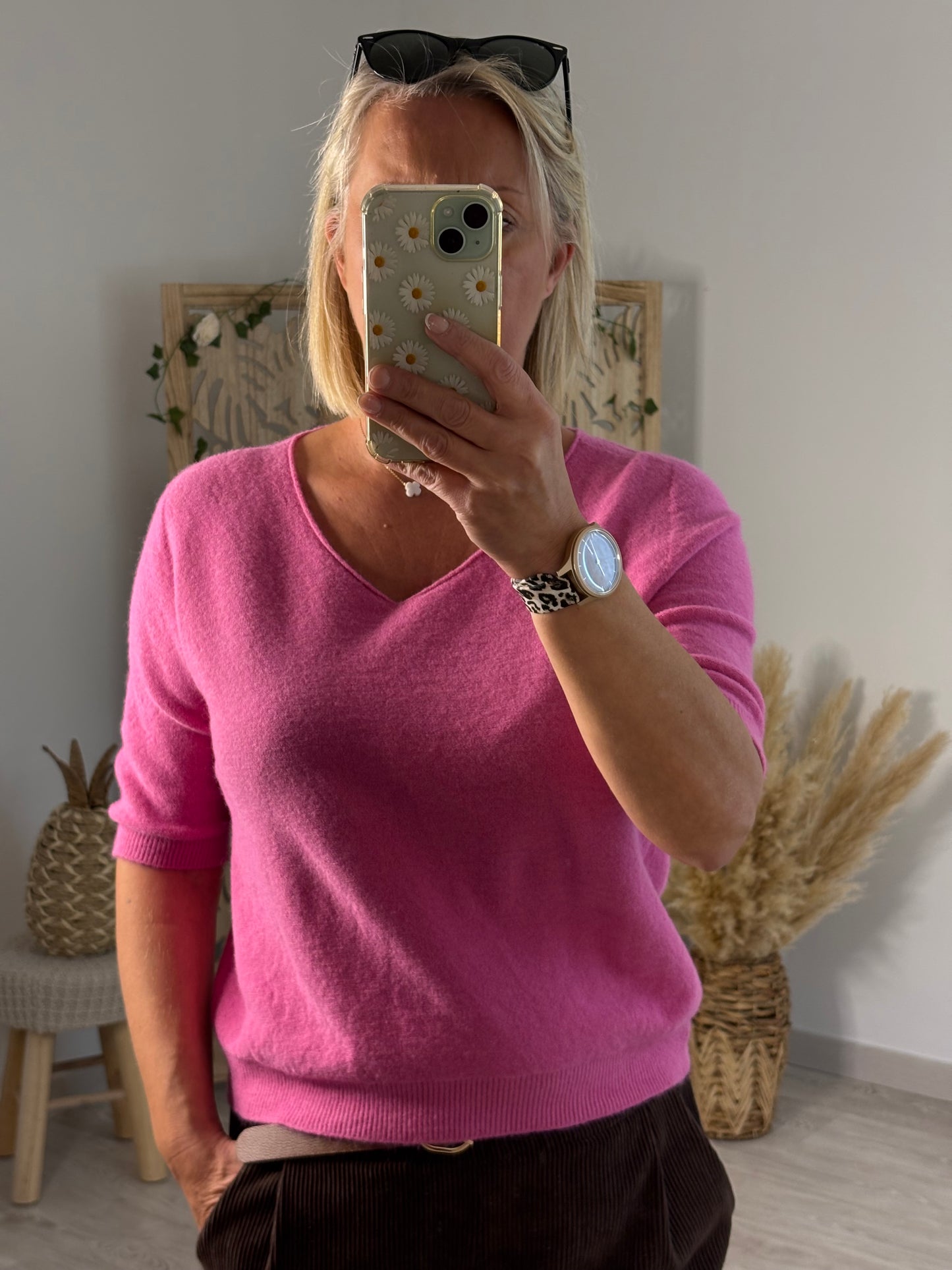 PULL MANCHES COURTES ROSE