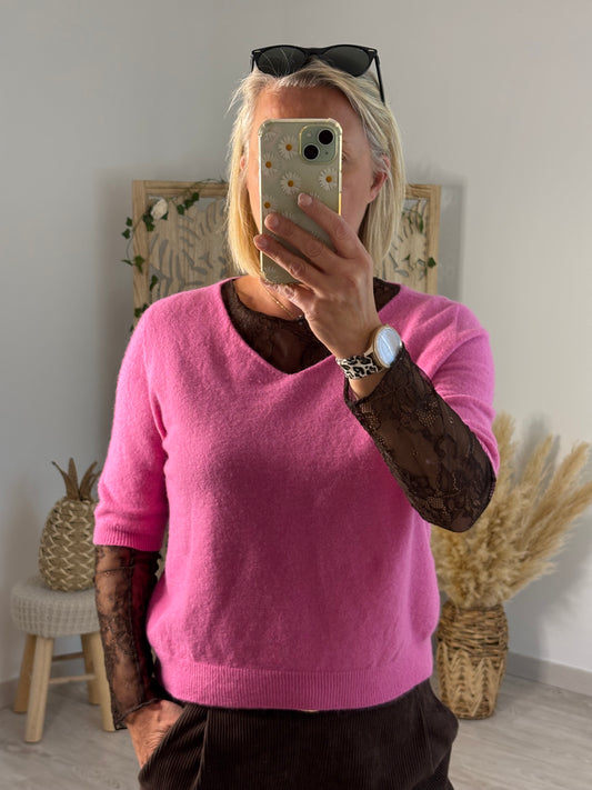 PULL MANCHES COURTES ROSE