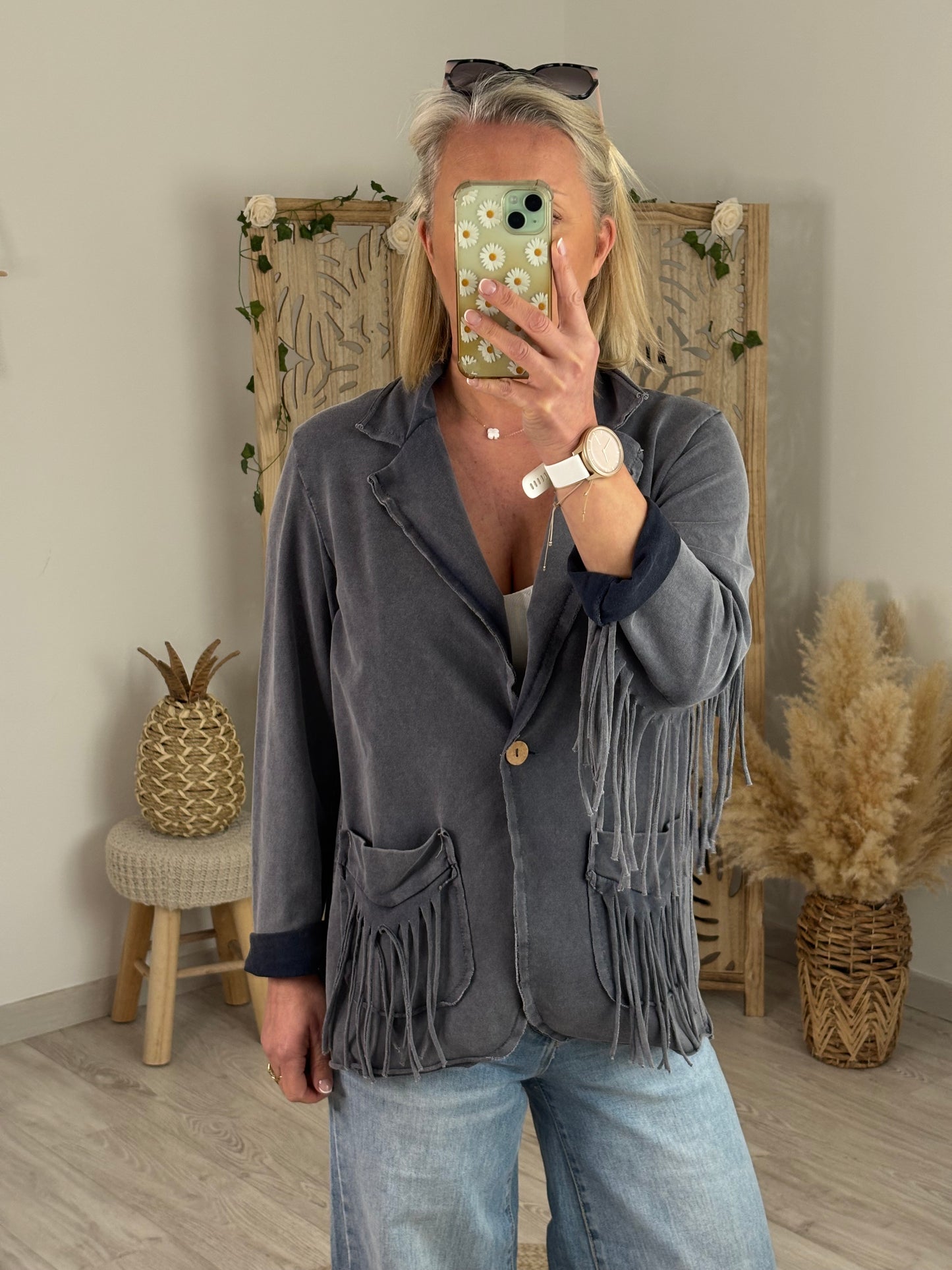 VESTE GRIS/BLEUTEE FRANGEE