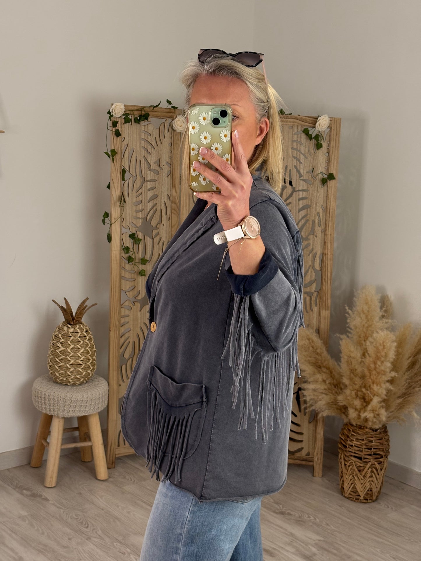 VESTE GRIS/BLEUTEE FRANGEE