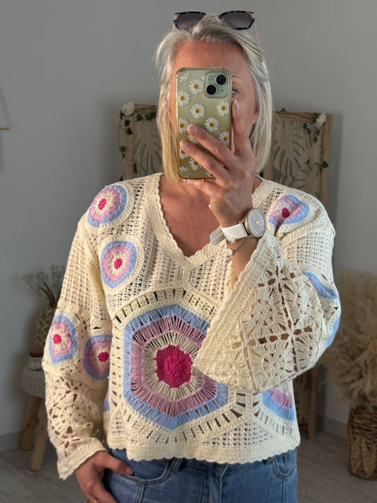 PULL CROCHET ROSE GRECE