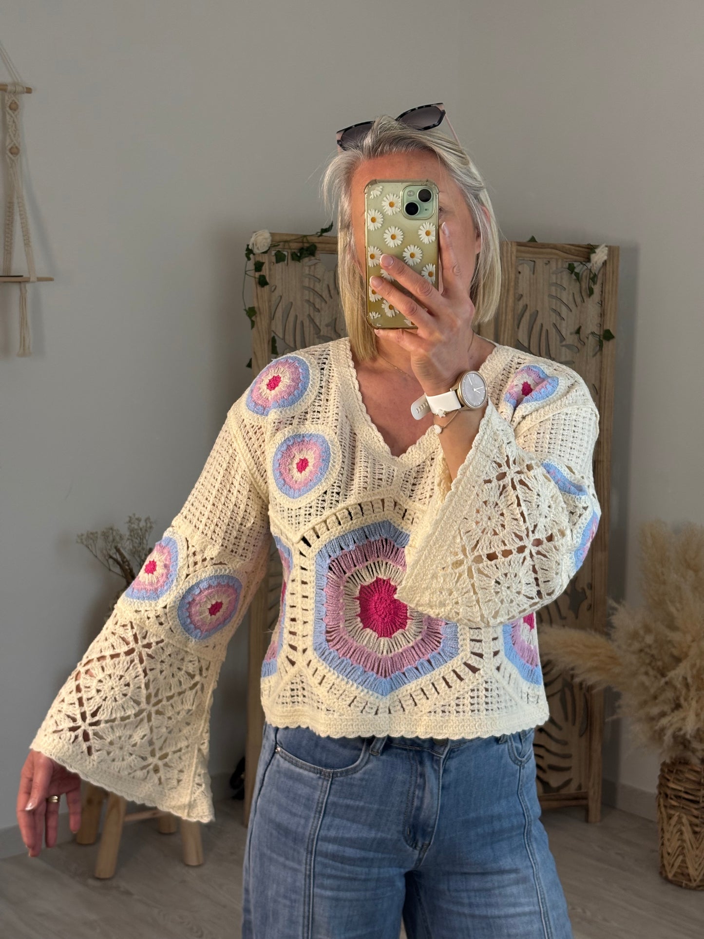 PULL CROCHET ROSE GRECE