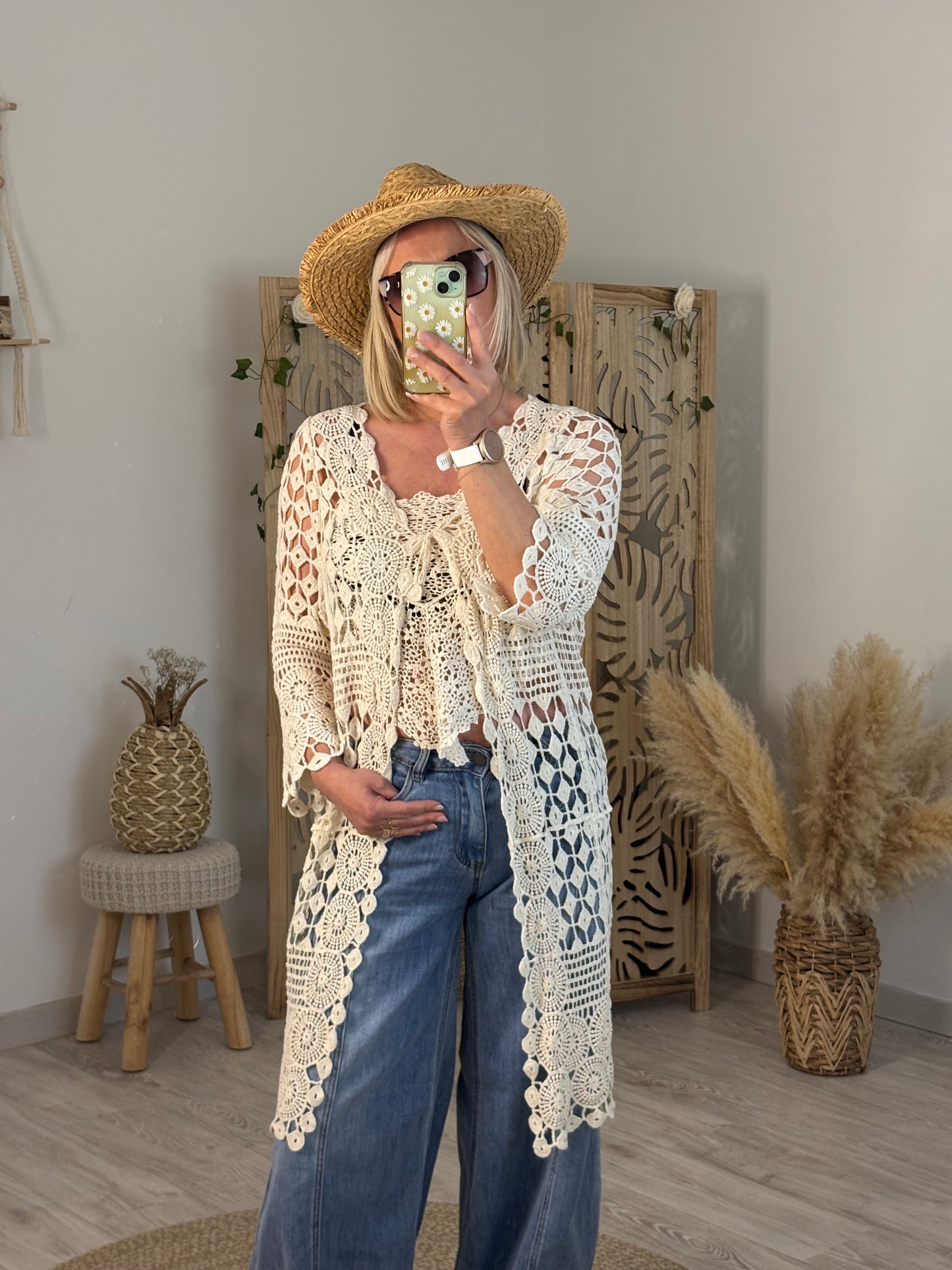 GILET LONG CROCHET BEIGE