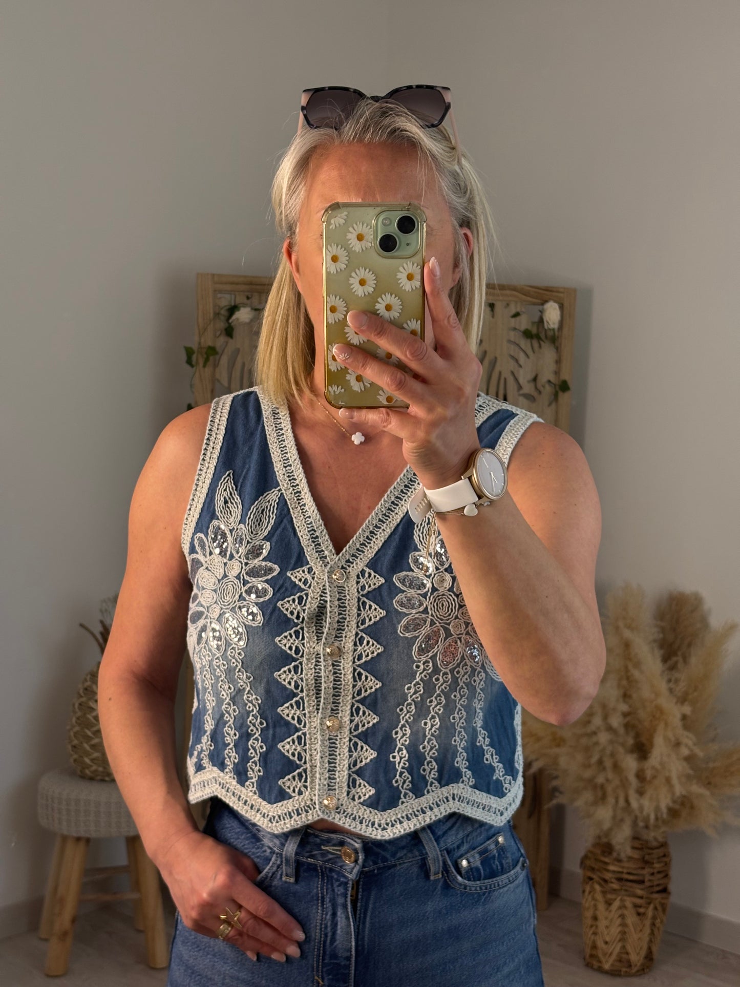 GILET S/MANCHES JEANS BRODERIE