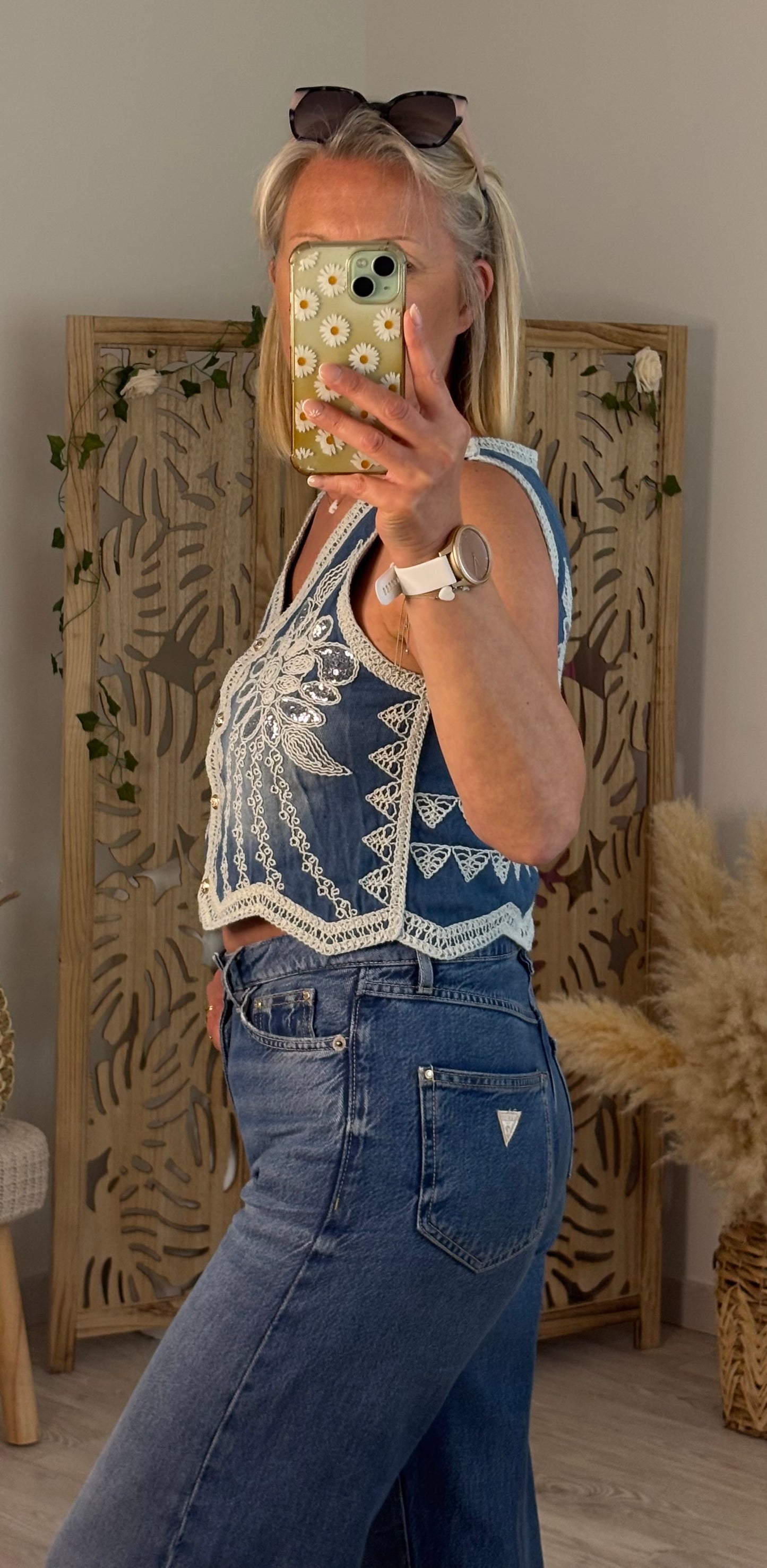 GILET S/MANCHES JEANS BRODERIE