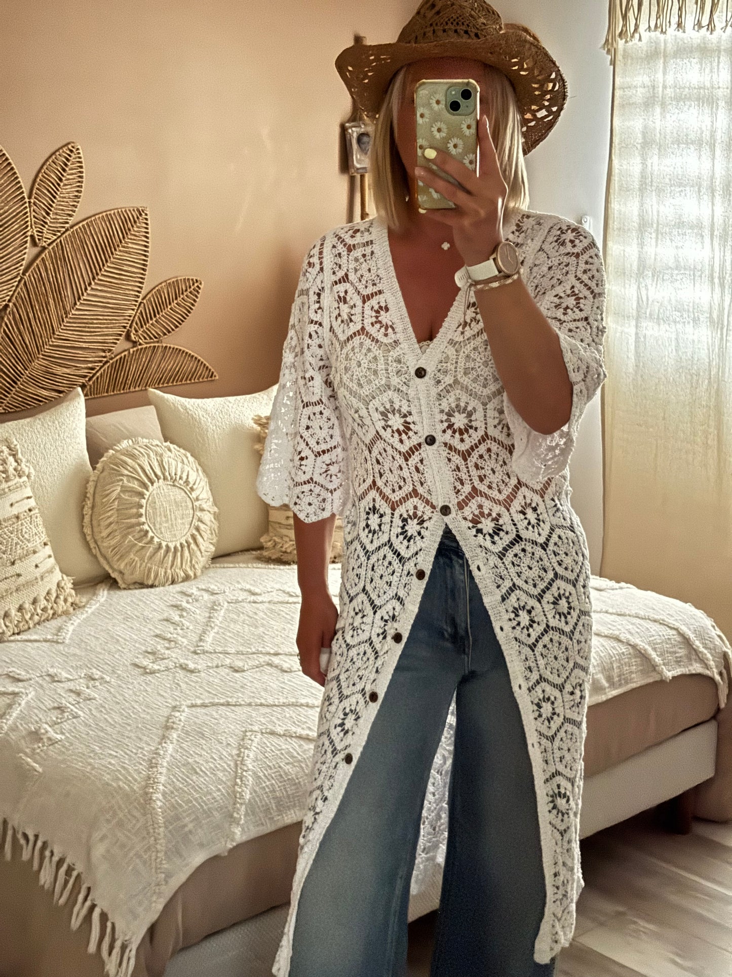 GILET LONG CROCHET BLANC