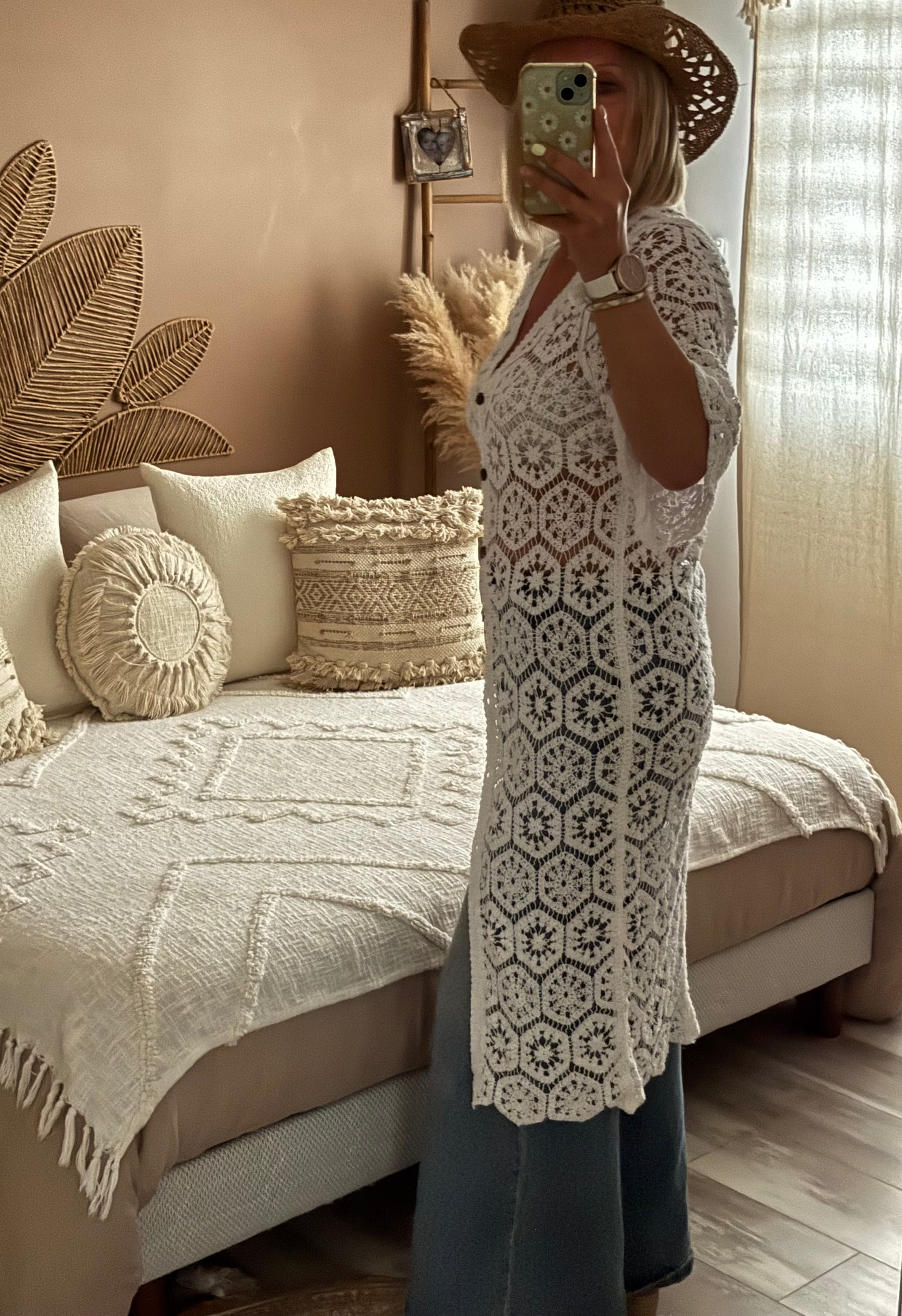 GILET LONG CROCHET BLANC