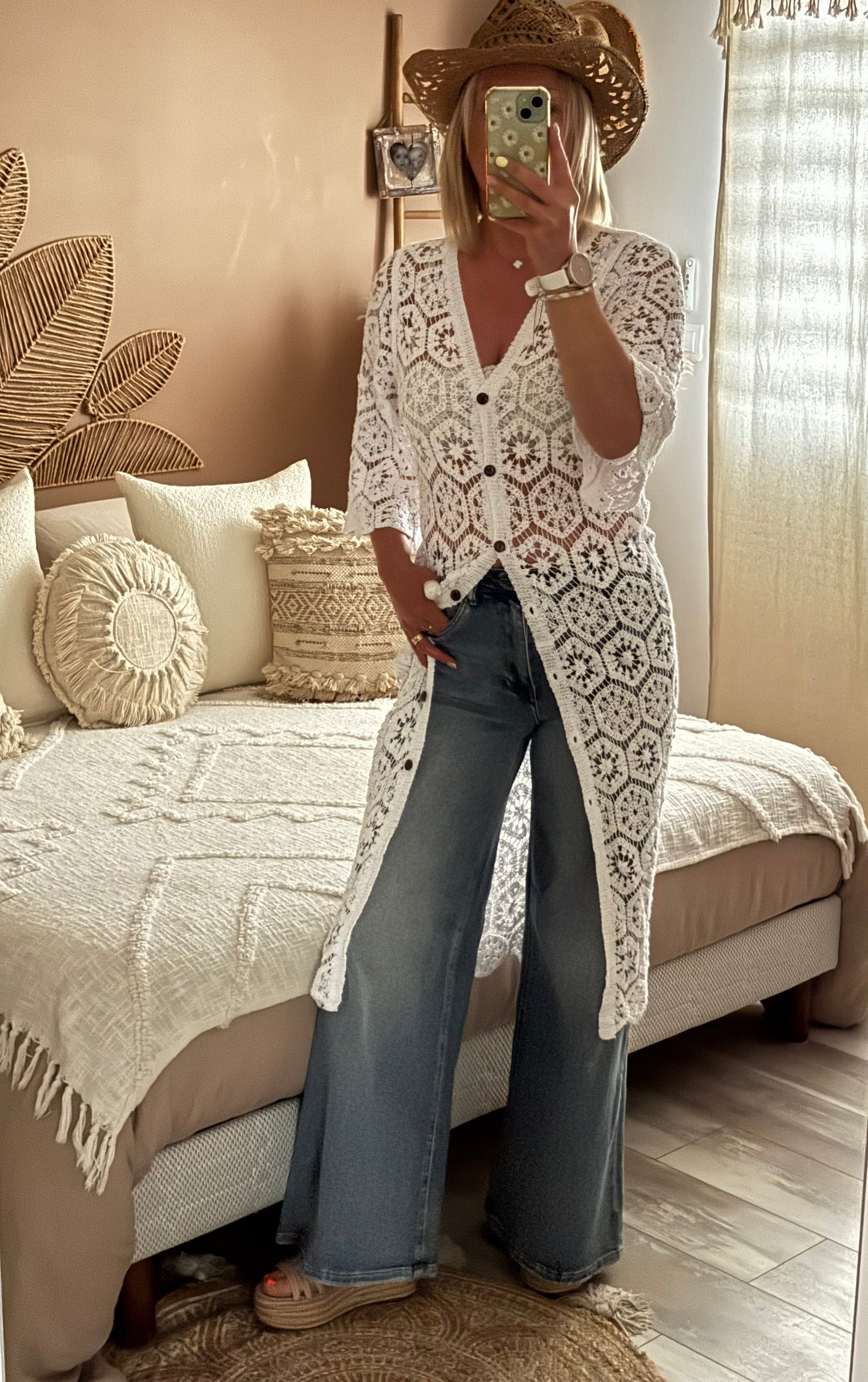 GILET LONG CROCHET BLANC