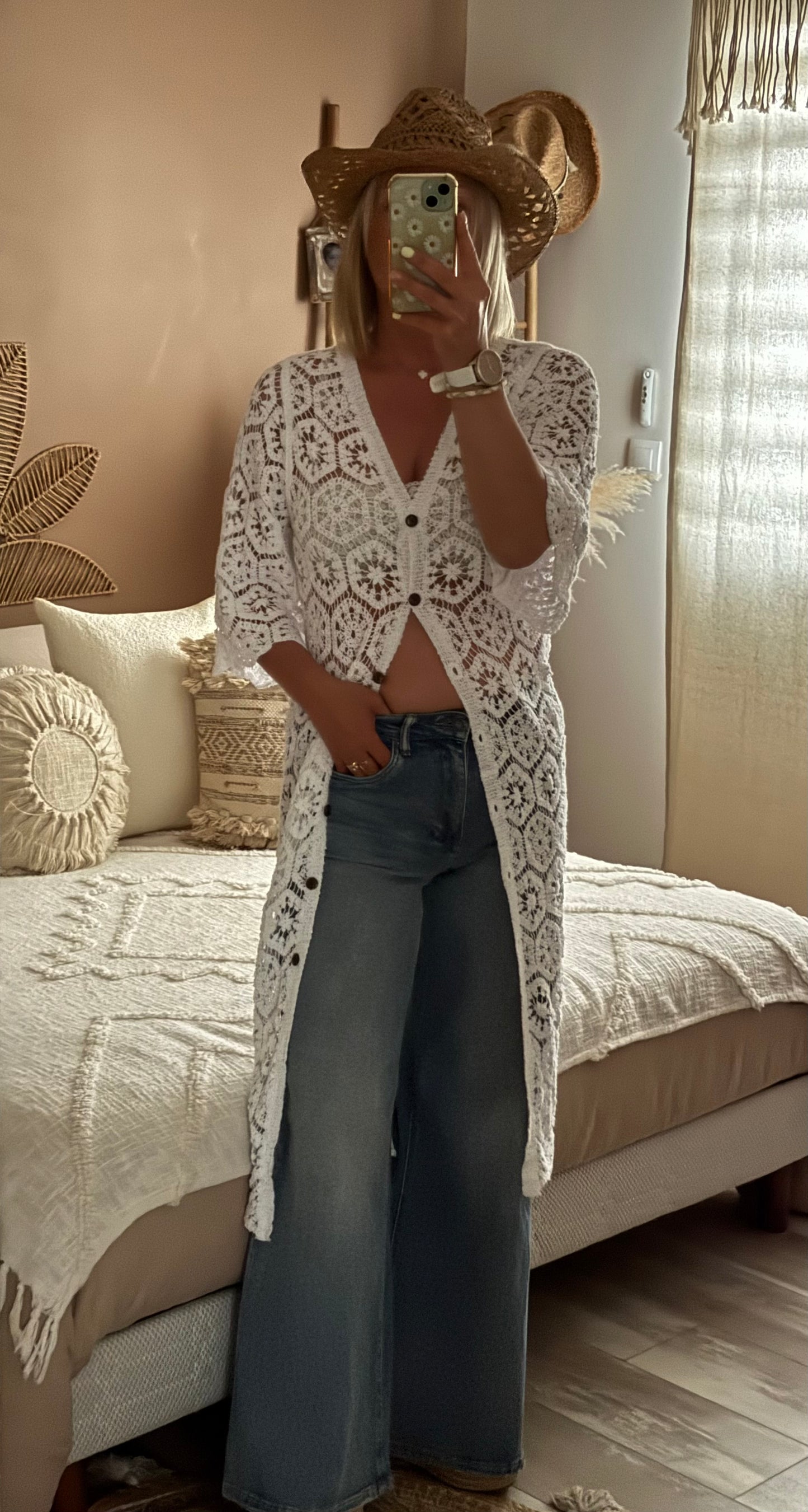 GILET LONG CROCHET BLANC