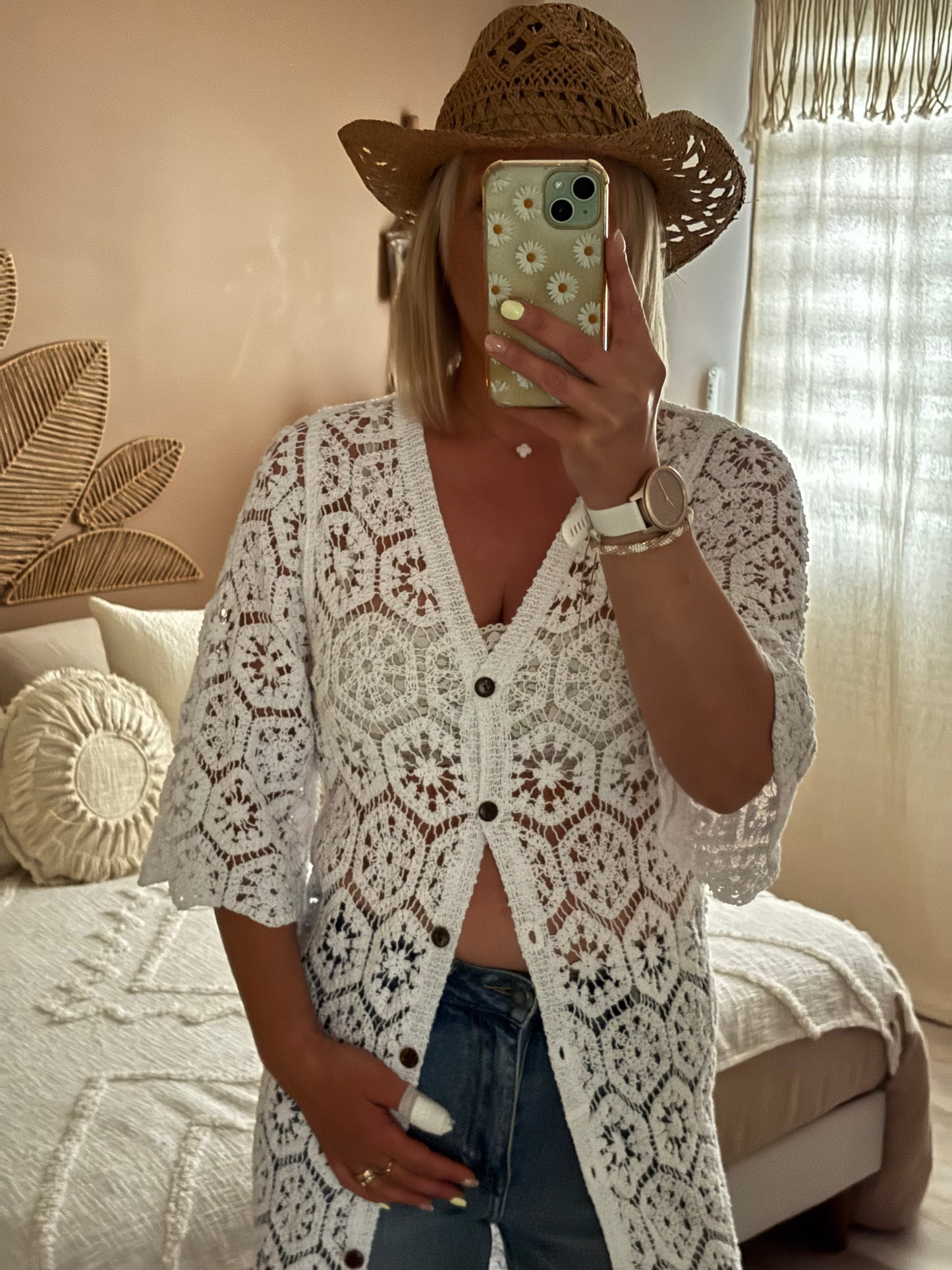 GILET LONG CROCHET BLANC