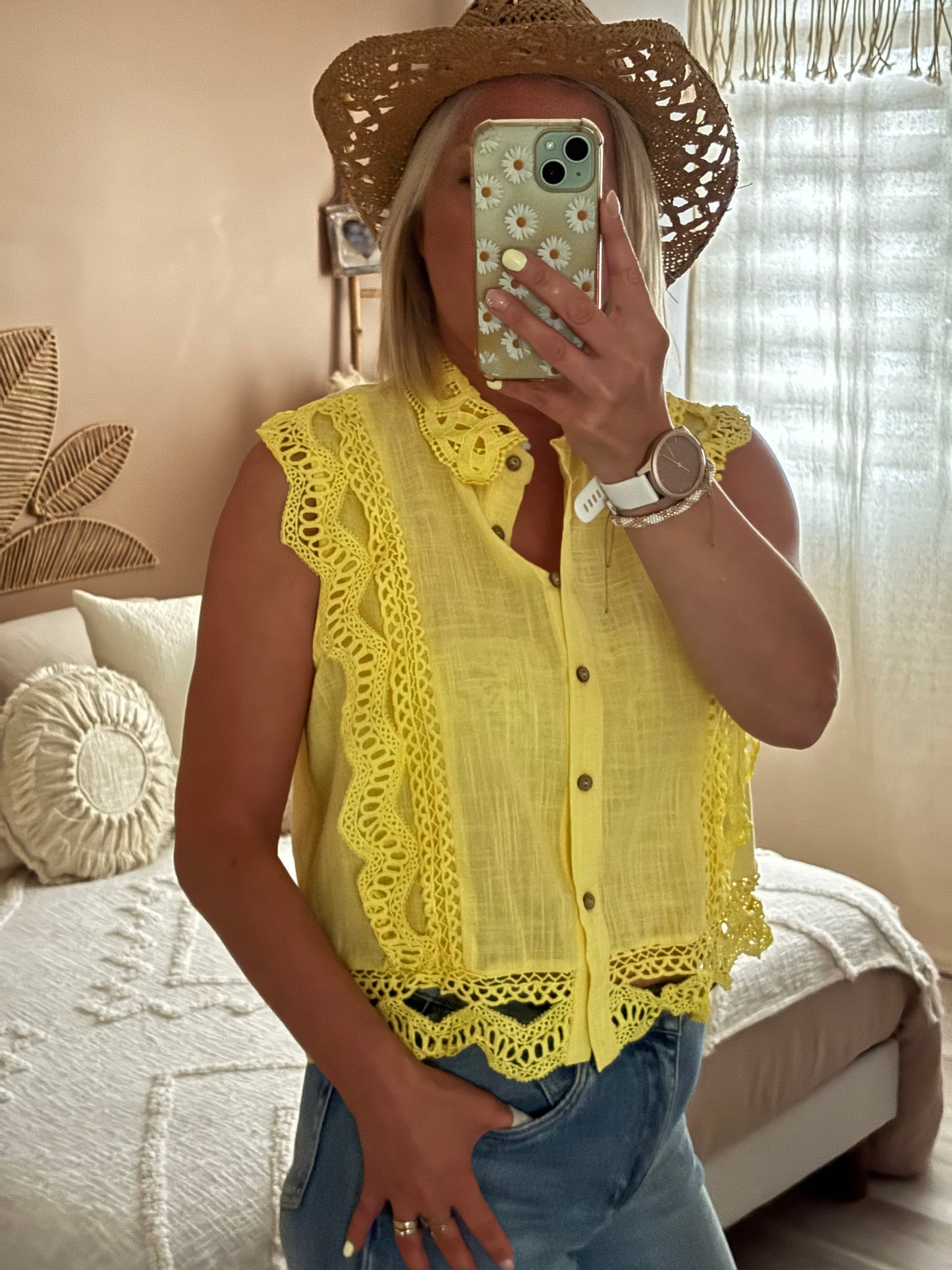 CHEMISE S/MANCHES DENTELLE JAUNE