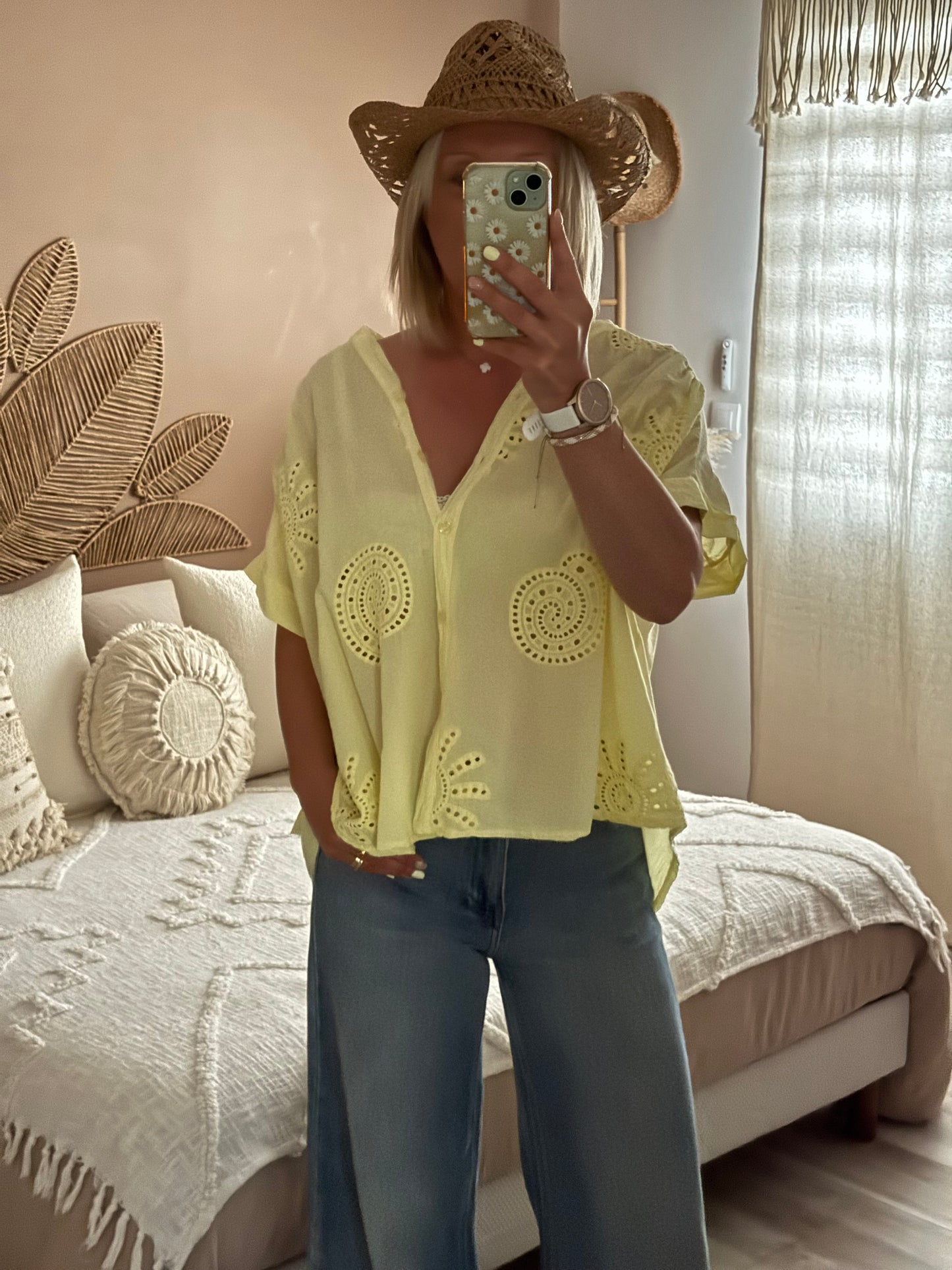 CHEMISE OVERSIZE BRODEE JAUNE