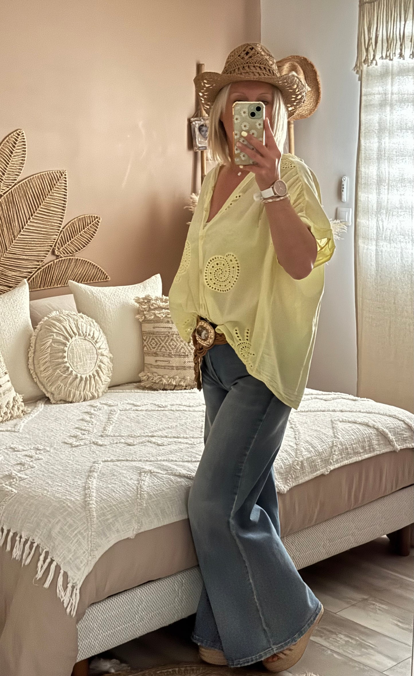 CHEMISE OVERSIZE BRODEE JAUNE