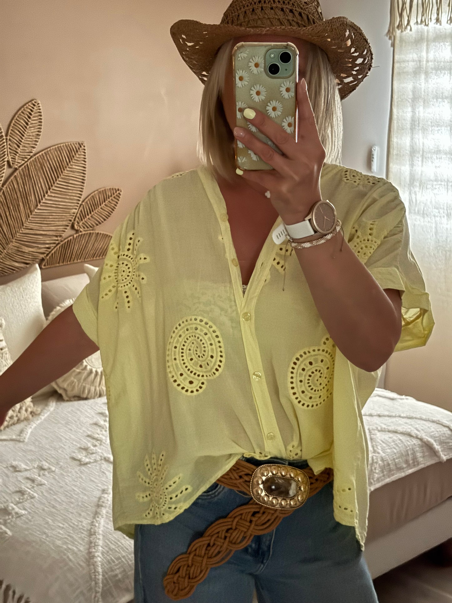 CHEMISE OVERSIZE BRODEE JAUNE
