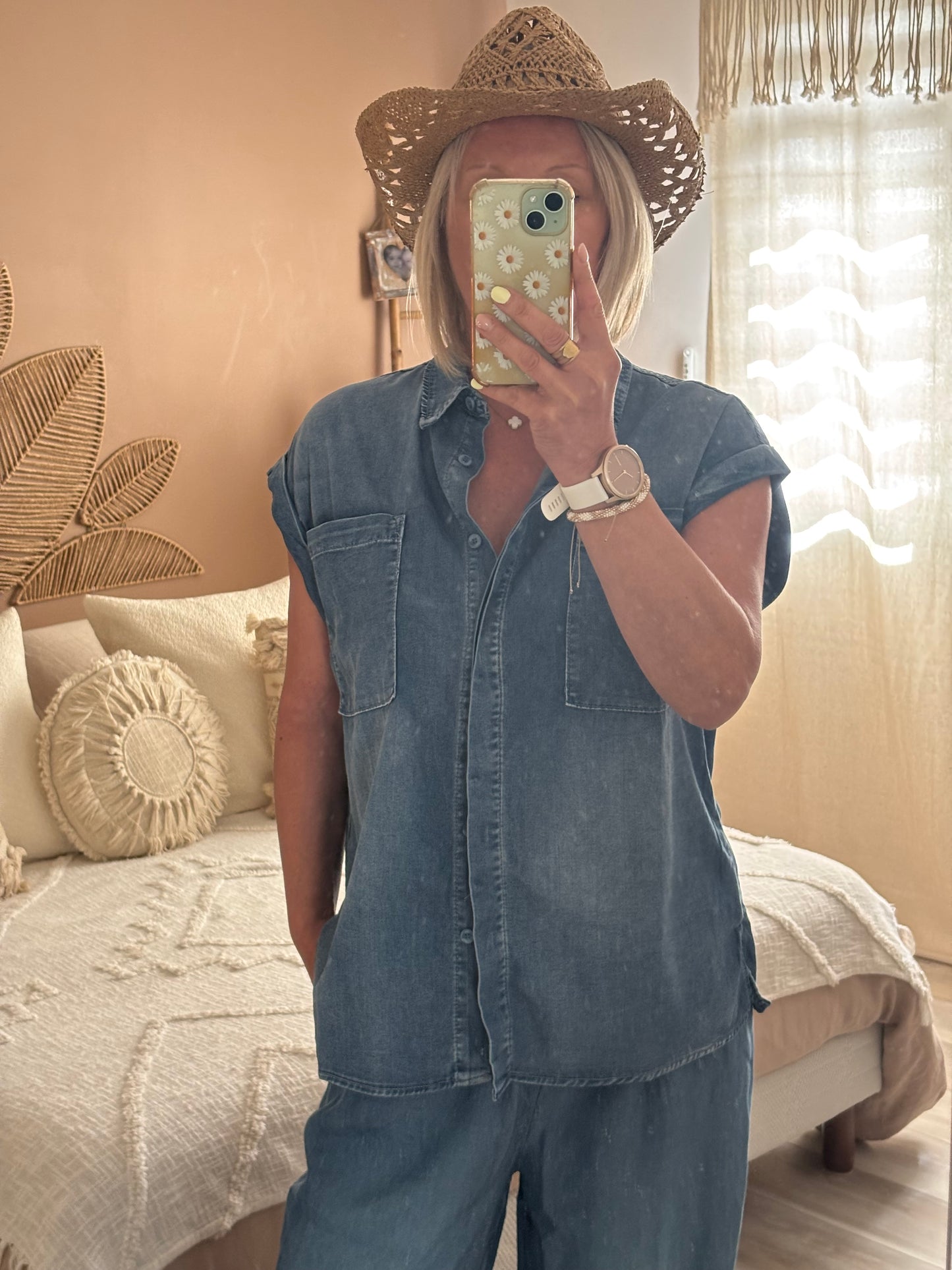 CHEMISE LARGE JEANS TENCEL MANCHES COURTES