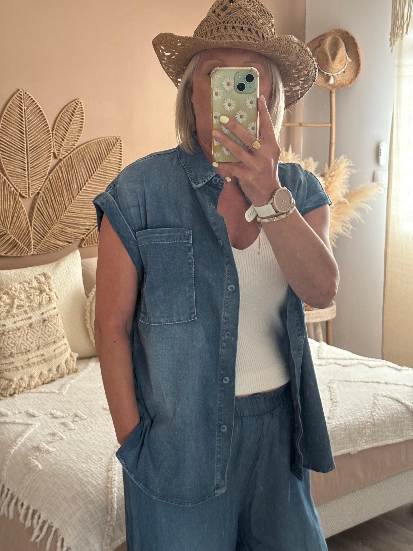 CHEMISE LARGE JEANS TENCEL MANCHES COURTES