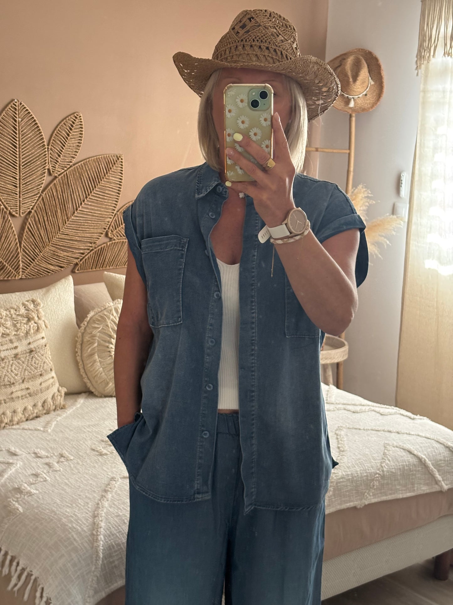 CHEMISE LARGE JEANS TENCEL MANCHES COURTES