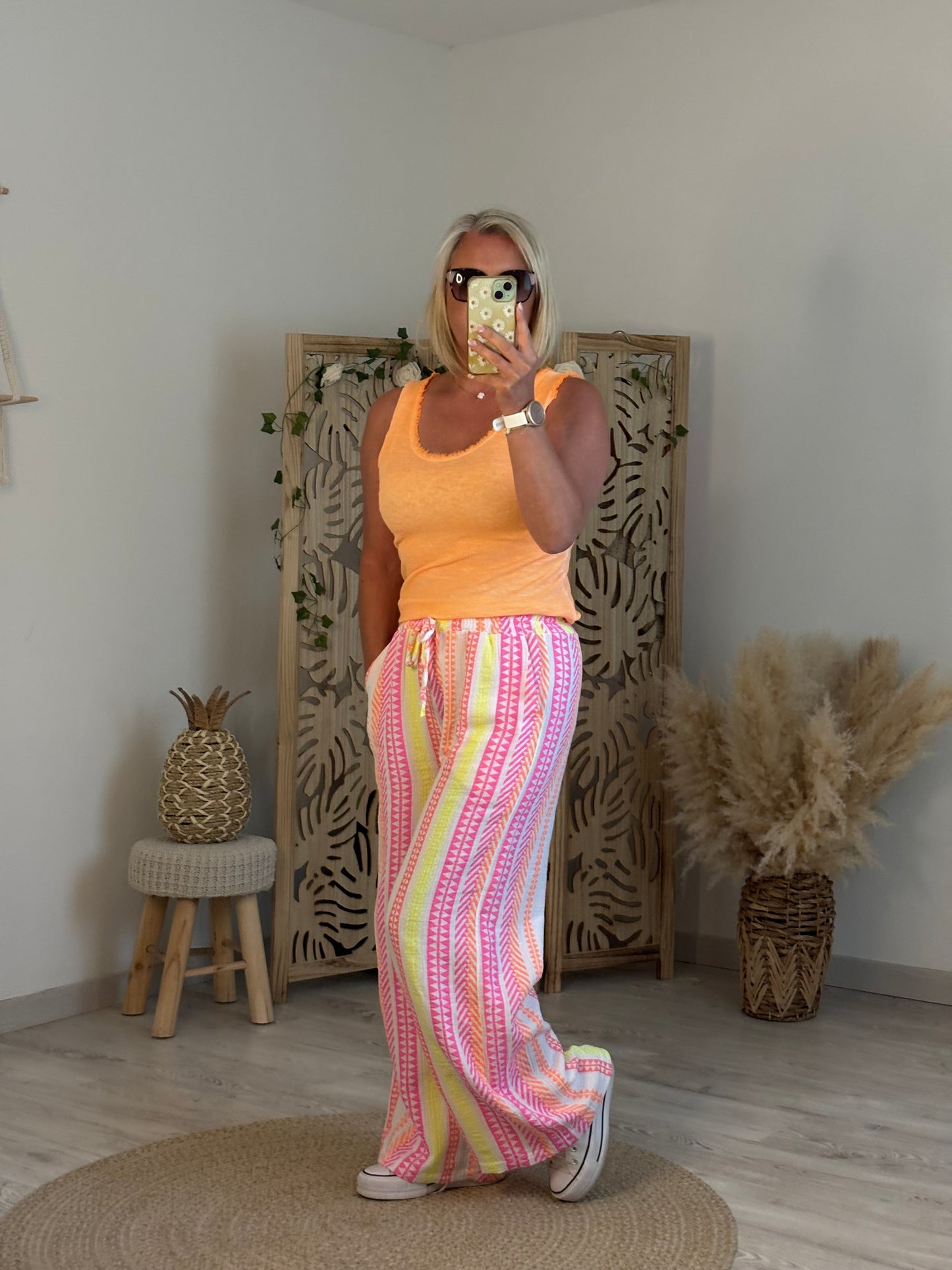 PANTALON LARGE A RAYURES ETHNIQUES FLUO
