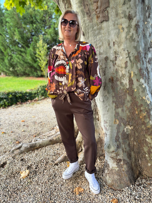 BLOUSE FLEURS -CHOCOLAT