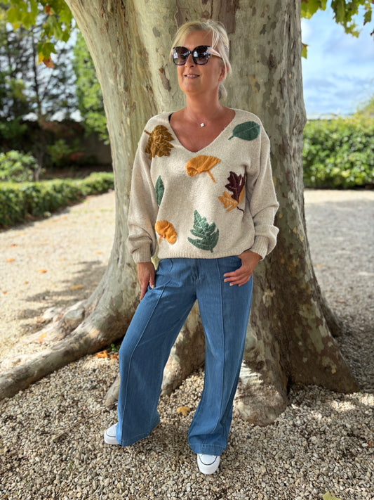 PULL FEUILLES BEIGE