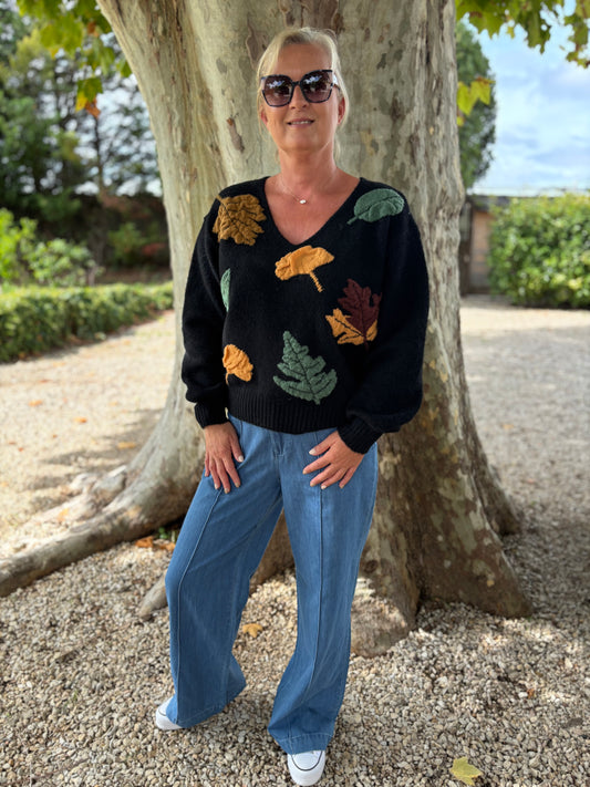 PULL FEUILLES NOIR